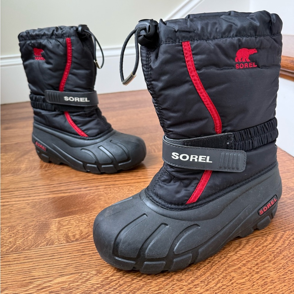 SOREL Flurry Snow Boots Unisex Winter Warm Black Red Performance Insulated 4